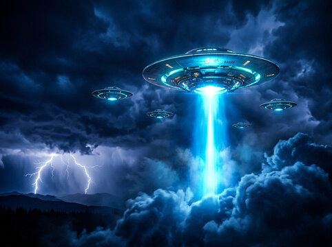 UFOs hover in a dark stormy sky with one emitting a bright blue light beam illuminating clouds Distant lightning strikes mountains