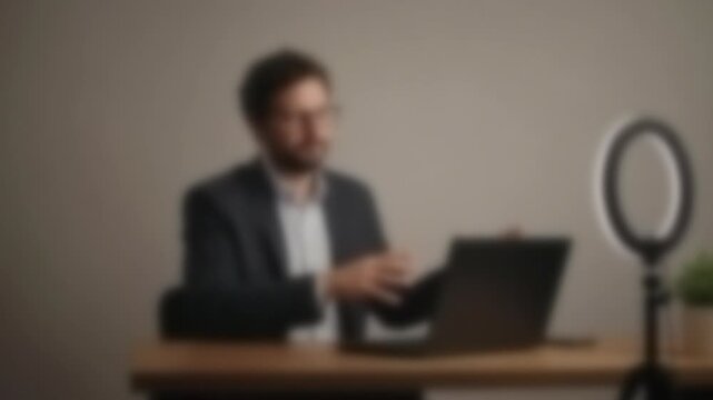 Japanese student taking an online job interview at a home desk, anonymous blurred 4K footage