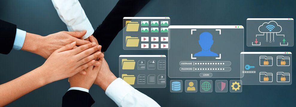 Collaborative Effort in Data Management with Hands Joining and Digital Interface Illustrating Technology and Security Elements Haptic.
