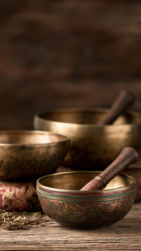 Traditional Tibetan singing bowls with wooden mallets on rustic table, peaceful meditation, sound healing, mindfulness and spiritual wellness concept