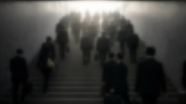 Commuters in dark suits climbing station stairs in morning light, anonymous blurred 4K Tokyo footage