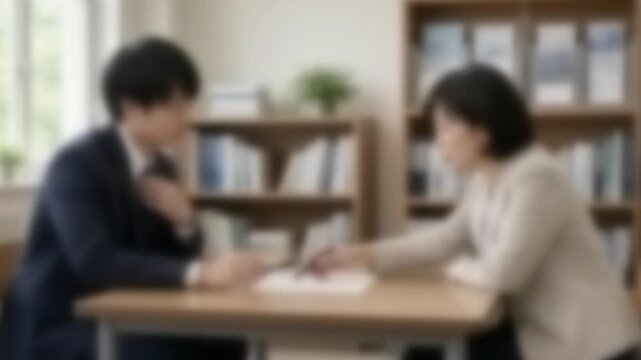 大学のキャリアセンターで進路相談を受ける学生、ぼかし処理した4K映像