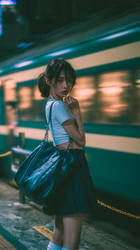 Young Asian woman waiting on a train platform at night with large shoulder bag, urban commuter lifestyle with passing train and cinematic neon lighting
