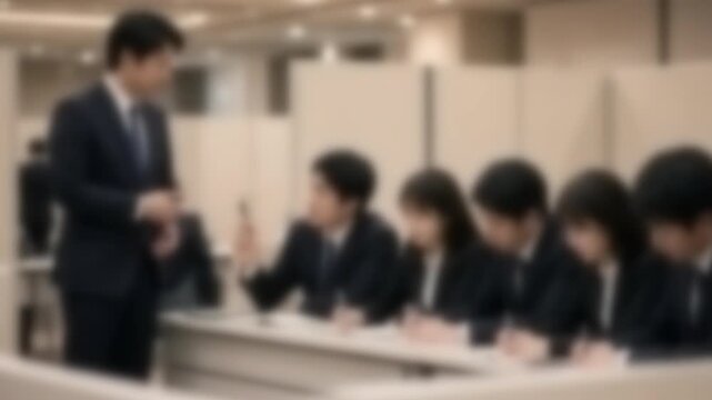 企業ブースで採用担当者の説明を聞く就活生たち、ぼかし処理した4Kビジネス映像