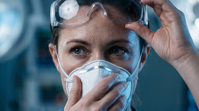 Female medical worker adjusting safety goggles and wearing protective mask