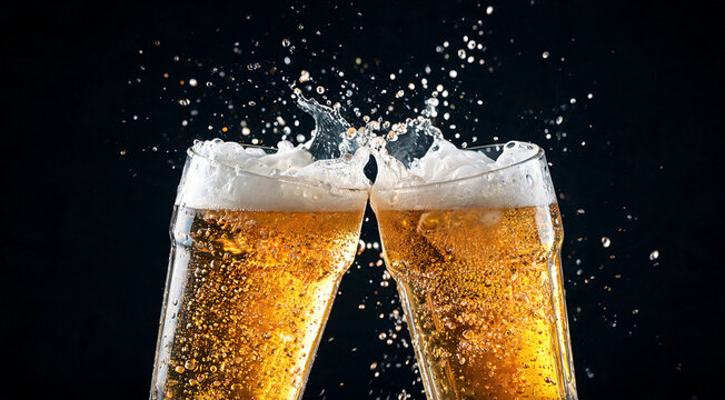 Cheers with two glasses of beer on a black background
