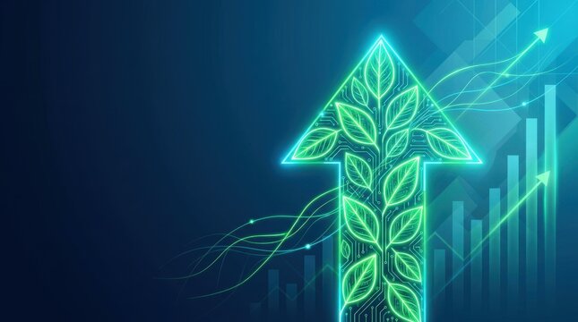 Green Glowing Arrow With Leaves And Circuit Board Pattern