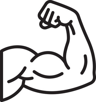 Black outline flexed bicep muscle arm vector icon for strength and bodybuilding