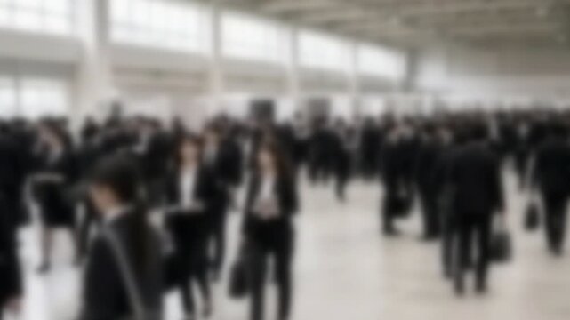 リクルートスーツの就活生が行き交う合同企業説明会の会場、ぼかし処理した4K映像