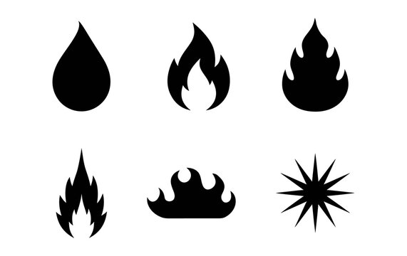 Minimalist black flame icons set, flat fire and water drop silhouettes on white background, collection of 6 graphic element symbols for branding, modern spark and heat logo design templates.