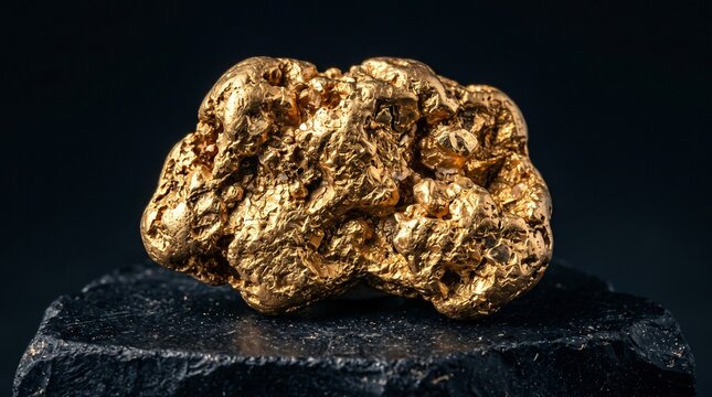 A large natural gold nugget resting on dark stone with a detailed irregular metallic surface, warm highlights, and dramatic lighting, representing precious metal, wealth, value, and natural resources.