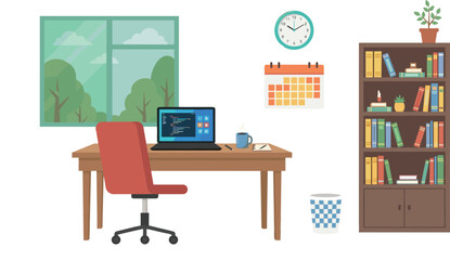 Naklejka premium Flat design style software developer office interior template featuring coding laptop table bookshelves wall clock calendar and potted plant