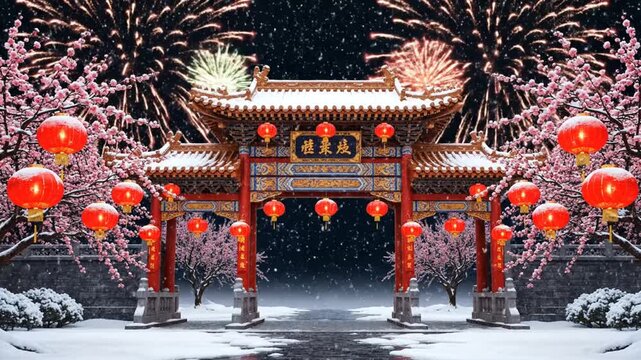 Traditional Chinese gate with lanterns and fireworks in winter night