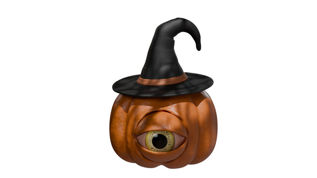 Creepy witch cyclops Halloween pumpkin wearing black witch hat with giant eyeball on transparent background with alpha channel for horror concept and seasonal decoration
