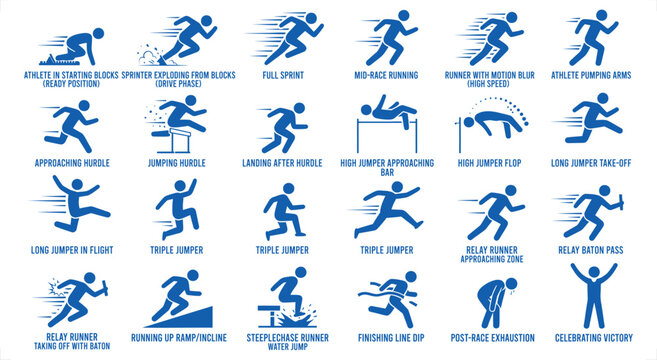 Track and field running vector graphic featuring sprinting, hurdling, jumping, and relay racing icons