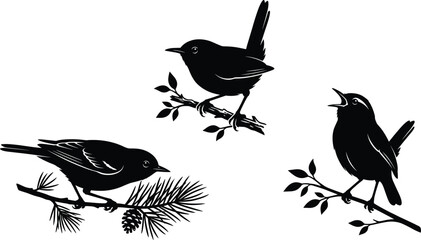 Naklejka premium Birds on a Branch Vector Illustration Set, Black Silhouettes of Crow, Raven and Bullfinch with Feathers, Wings and Beaks for Nature and Wildlife Design