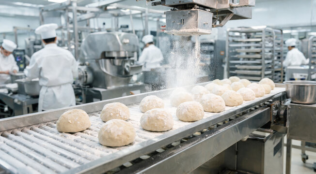 Baking process in a large kitchen where dough is prepared for breadmaking