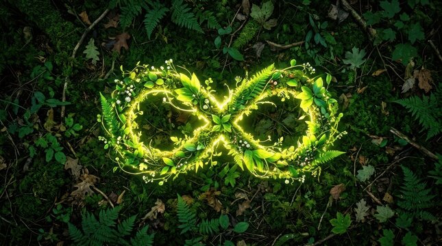 Glowing infinity symbol made of vibrant green leaves and moss on forest floor