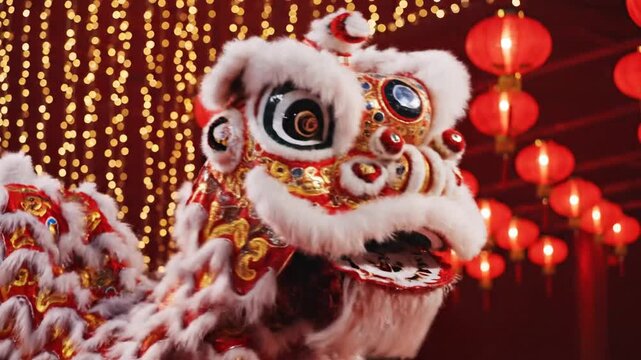 Traditional Chinese lion dance costume with festive red lanterns background