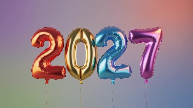 Happy New Year 2027 colorful metallic foil balloon numbers floating on gradient background holiday party celebration event greeting concept.
