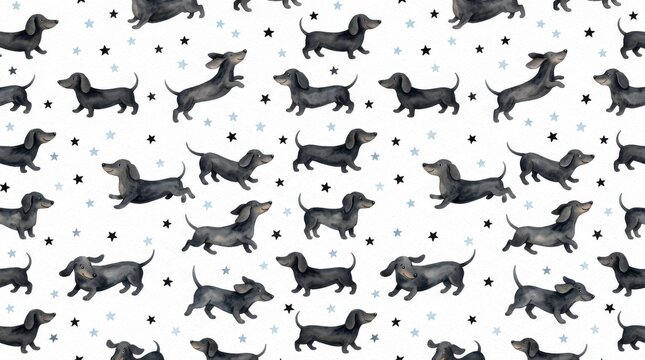 Seamless pattern with cute watercolor dachshund dogs and stars