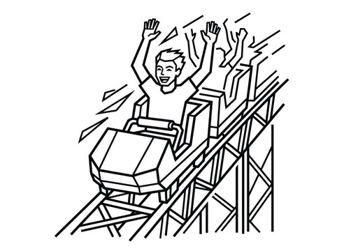 Line art illustration of people riding roller coaster with raised hands and joyful expressions
