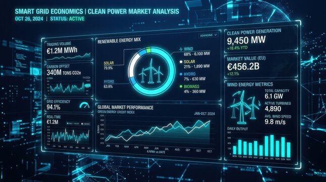 Smart grid economics clean power market analysis digital dashboard