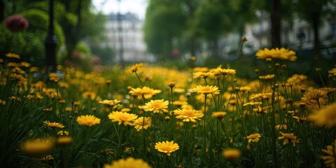 Obraz premium Autumn display of doronicum flowers in urban gardens and flower beds, showcasing garden design