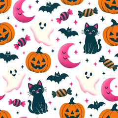 Fototapeta premium Cute Spooky Halloween Ghost and Pumpkin Seamless Pattern