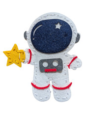 Cute handmade felt astronaut holding a small star, designed as a playful children's educational character representing space exploration and science on transparent background  © Mariia