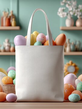 Blank white tote bag mockup 3D bag canvas empty template Easter eggs colorful decoration spring festive living room interior background product display design clean minimal concept