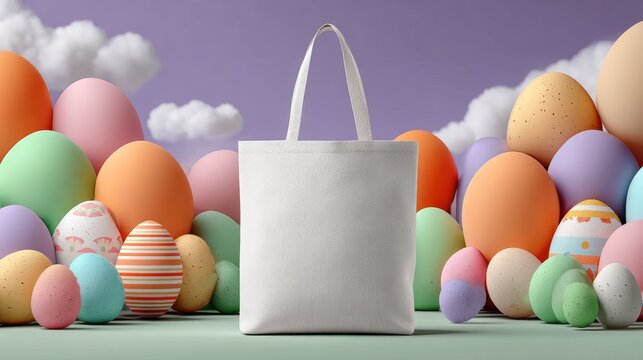 Blank white tote bag mockup 3D bag canvas empty template Easter eggs colorful decoration spring festive living room interior background product display design clean minimal concept