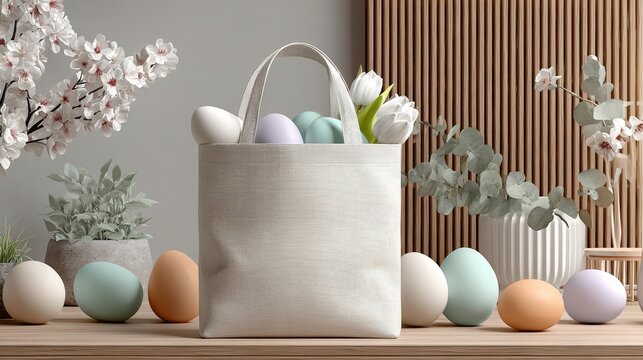 Blank white tote bag mockup 3D bag canvas empty template Easter eggs colorful decoration spring festive living room interior background product display design clean minimal concept