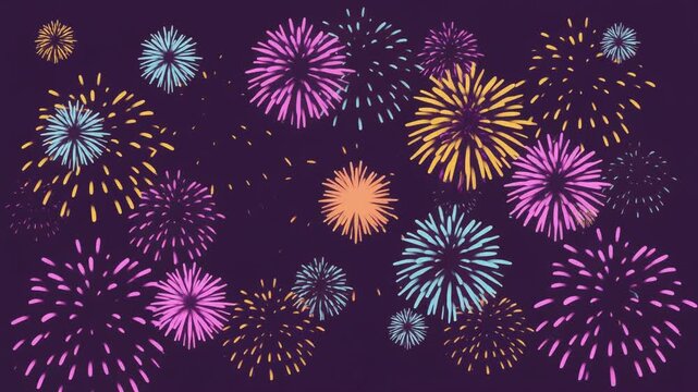 Colorful stylized fireworks pattern background on dark purple for holiday party event festive celebration night sky greeting card concept.
