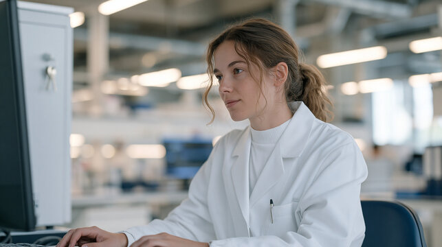 A female pathology lab scientist monitors a remote analysis process with quiet confidence, a set of keys hanging from a cabinet nearby as the wide industrial lab behind her fills