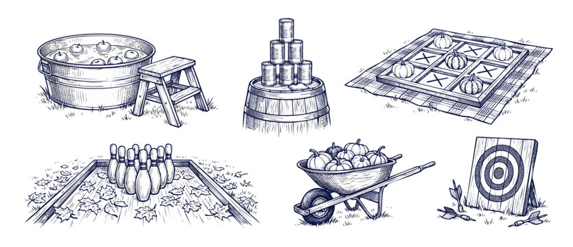 Autumn carnival games set illustration featuring vintage fall festival activities like apple bobbing, pumpkin tic tac toe, lawn bowling, tin can alley, wheelbarrow, and archery targets on white.