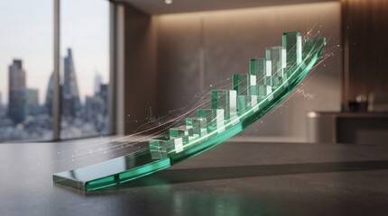 Plakat Glass bar chart emerges from a sleek smartphone, symbolizing significant financial growth and data visualization within a contemporary office setting featuring a blurred city view.
