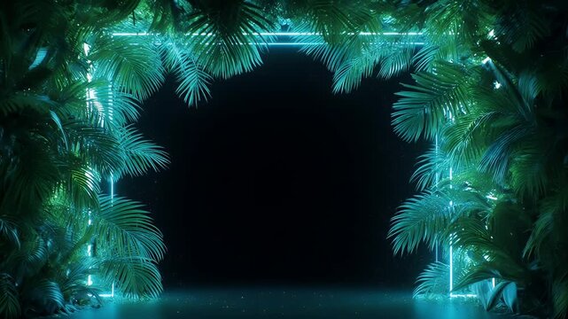 Enchanting Neon Jungle Frame with Tropical Leaves and Geometric Shapes on a Dark Background