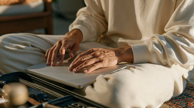 A grant writer opens up at the start of a morning therapy shift in golden hour light, bare hands resting over an open toolbox on the floor as the close-up framing captures the
