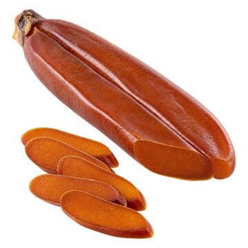 Whole and sliced bottarga isolated on transparent background