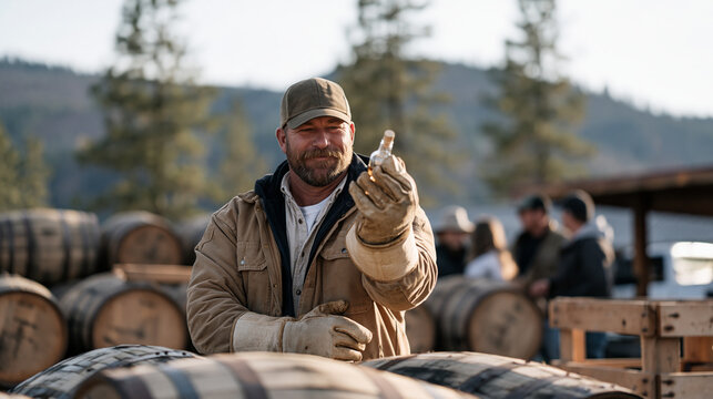 A distillery worker in thick protective gloves lifts a sample bottle outdoors amid barrel racks, presenting tasting results to a small gathered group beside a wooden crate return