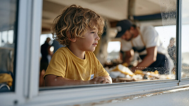Child watching through a rain streaked window as a surf instructor repurposes broken board foam scraps into DIY buoyancy tools in a crowded public beachside workshop space during