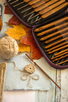 Cozy autumn crochet setup with a bamboo hook set in a case, yarn ball, swatches, and colorful fall leaves. Soft flat lay photo for needlework, handmade crafts, and DIY concepts.
