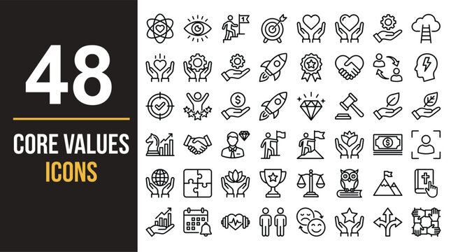Corporate business core values element pack, minimalist line style, teamwork, leadership, success, ethics, and integrity.