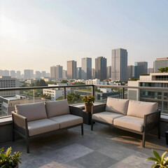 Obraz premium Urban lifestyle and luxury real estate, modern rooftop terrace with outdoor furniture overlooking a city skyline at sunset for high end living