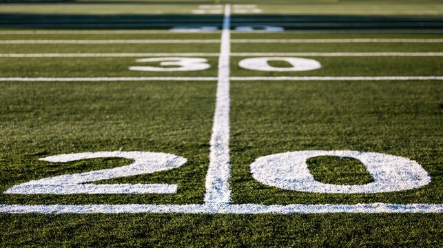 turf. An American football field with visible yard lines, capturing the essence of sports under daylight. event key visuals, club posters, designed for fitness apps and gym onboarding.