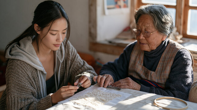 A young adult and her grandmother sit together in a modest home as the elder teaches needle lacework, the younger polishing a finished embroidered piece while a small unnoticed