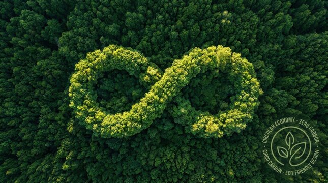 Aerial view of a dense green forest shaped like an infinity symbol