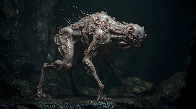 Terrifying alien monster creature standing in dark environment.