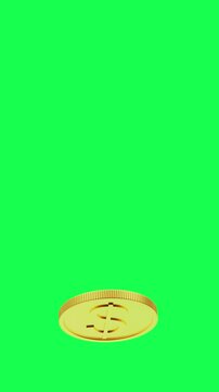 Gold coin with a dollar symbol rotates and flips against a bright green chroma key background, offering clean finance-themed motion footage for easy compositing in 3D animation